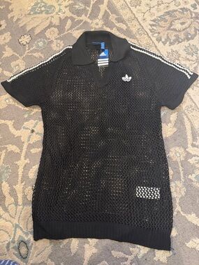 adidas Black Mesh Polo with White Trefoil and Stripes